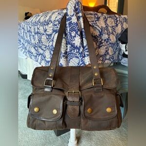 Vintage Barbour Brown Travel Wax Cloth & Leather Handbag Messenger Bag Unisex